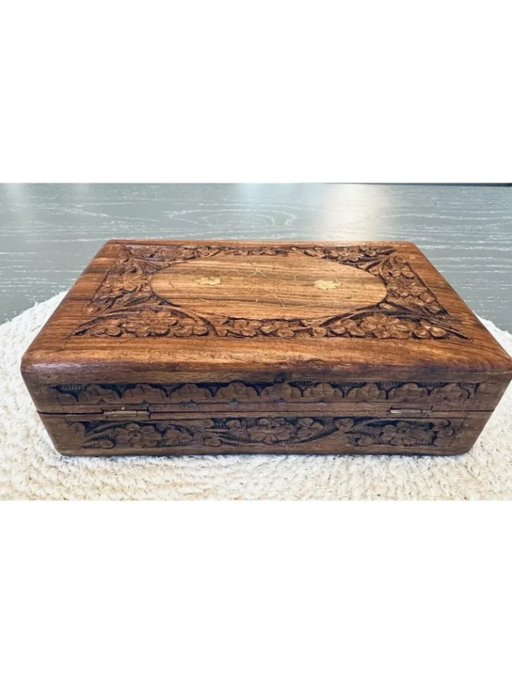 Vintage Carved Wooden Trinket Box Made in India Hinged Lined with Brass Inlay 8”